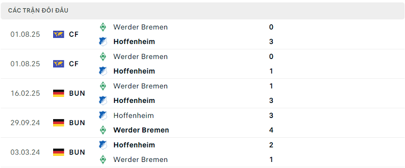 Lịch sử đối đầu Werder Bremen vs Hoffenheim